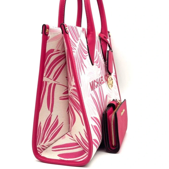 Michael Kors Medium Mirella Tote Bag & Medium Bifold Zip Chain Wallet Pink Multi - Picture 4 of 14